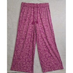 Boho Pink Paisley Wide Leg Linen-Like Tassel Drawstring Pants Sz S 34x29 #598